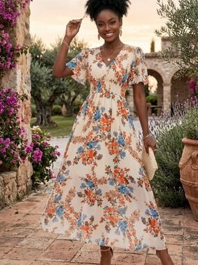 Printed Waist Cinched Short Sleeve Dress Spring Summer Fashion Elegant Dress